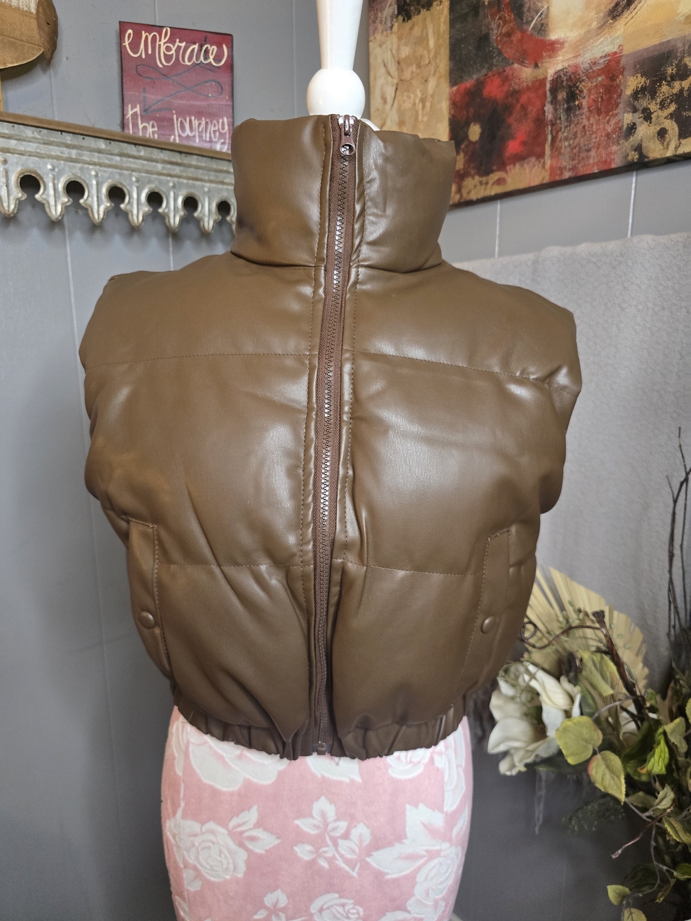 Brown Puffer Cropped Vest with High Collar